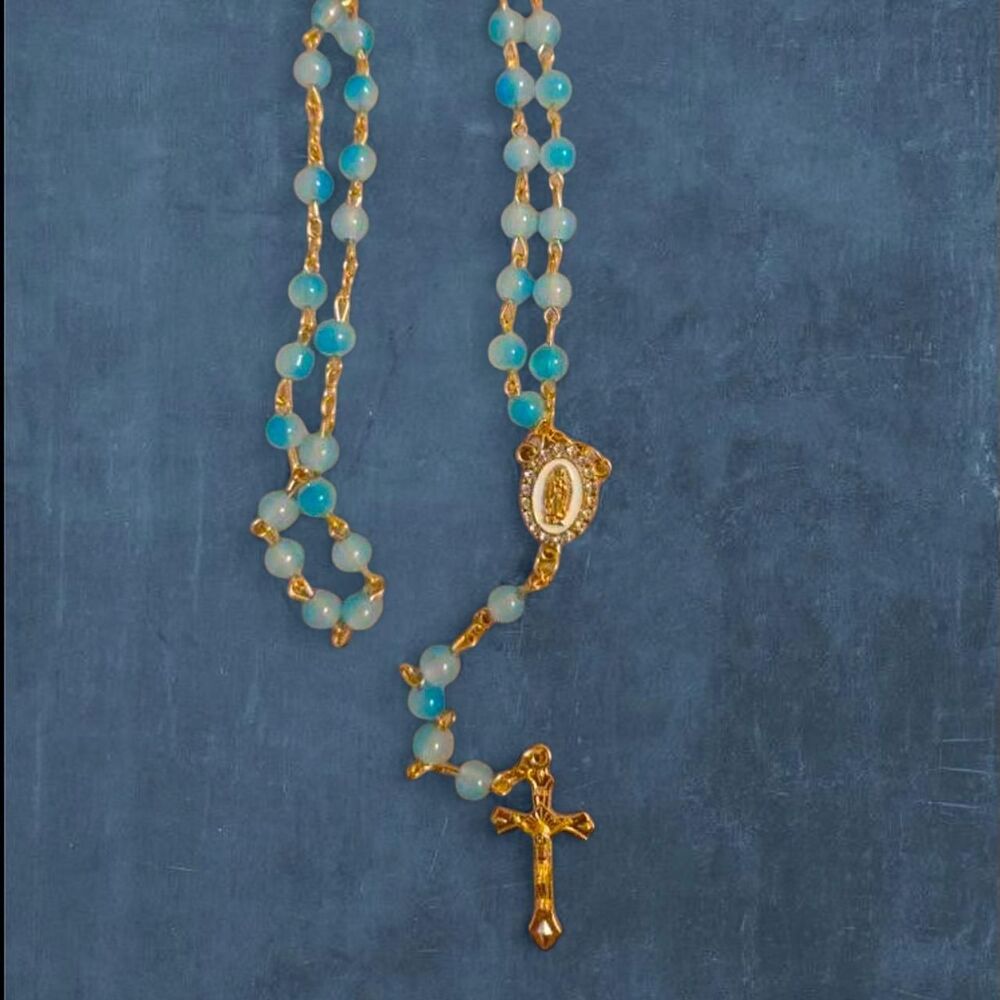 Source Unknown Blue and White Rosary Necklace with Gold-tone Crucifix